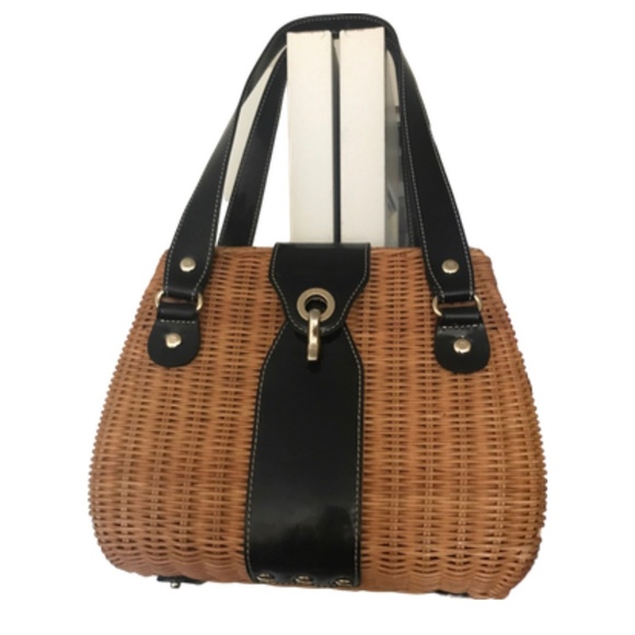 🥂🎊HP🎊🥂 Kate Spade Wicker Purse Tisbury Avita Satchel Patent Leather Havana